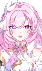 1girl absurdres bare_shoulders chinese_commentary commentary corset diamond-shaped_pupils diamond_(shape) elysia_(herrscher_of_human:_ego)_(honkai_impact) elysia_(honkai_impact) evzeva hair_between_eyes hair_ornament highres honkai_(series) honkai_impact_3rd looking_at_viewer multicolored_hair open_mouth pink_hair portrait purple_eyes simple_background smile solo symbol-shaped_pupils teeth triquetra two-tone_hair white_background white_corset white_hair