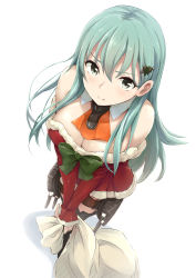 Rule 34 | 10s, 1girl, :t, akita hika, aqua eyes, aqua hair, bad id, bad pixiv id, bare shoulders, blush, breasts, brown thighhighs, christmas, christmas tree hair ornament, cleavage, detached sleeves, downblouse, dress, from above, hair ornament, highres, holding, kantai collection, large breasts, long hair, looking at viewer, red dress, sack, santa costume, simple background, solo, suzuya (kancolle), thighhighs, turret, v arms, white background