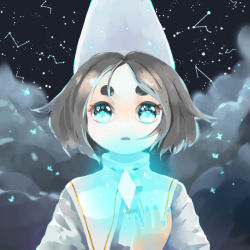 Rule 34 | 1girl, black hair, blue eyes, blue nails, cloud, constellation, dmwggg, glowing, hat, ida (monument valley), monument valley (game), nail polish, night, night sky, parted bangs, sky, solo, thick eyebrows, upper body, white hat