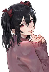 Rule 34 | 10s, 1girl, black hair, bow, hair bow, long hair, looking at viewer, love live!, love live! school idol project, modare, open mouth, red eyes, school uniform, smile, solo, sweater, twintails, yazawa nico
