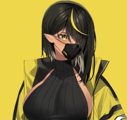 Rule 34 | 1girl, black hair, blonde hair, breasts, crop top, dark-skinned female, dark elf, dark skin, elf, hair over one eye, highres, j.moon, jacket, large breasts, lilith (lilycious), looking to the side, mask, mole, mole on breast, mouth mask, multicolored hair, original, pointy ears, solo, streaked hair, tan, upper body, yellow background, yellow eyes, yellow jacket