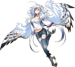 Rule 34 | 10s, 1girl, claws, denim, earrings, harpy, haru (monster musume), jeans, jewelry, long hair, monster girl, monster musume no iru nichijou, monster musume no iru nichijou online, pants, raptor harpy (monster musume), solo, standing, torn clothes, wings