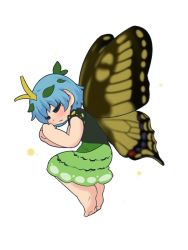 Rule 34 | 1girl, aqua hair, barefoot, blackbad, blush, bug, butterfly, dress, eternity larva, closed eyes, fairy, full body, green dress, insect, multicolored clothes, multicolored dress, one-hour drawing challenge, open mouth, short hair, short sleeves, simple background, sleeping, solo, touhou, white background