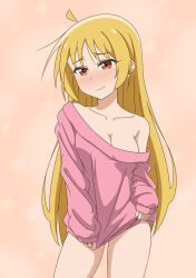 Rule 34 | 1girl, absurdres, ahoge, bare shoulders, blonde hair, blush, bocchi the rock!, breasts, cleavage, closed mouth, collarbone, commentary, cowboy shot, detached ahoge, dot nose, embarrassed, english commentary, highres, ijichi seika, large breasts, long hair, long sleeves, looking at viewer, naked sweater, no pants, off shoulder, orange background, pink sweater, red eyes, simple background, single bare shoulder, single off shoulder, sleeves past wrists, solo, sweater, thundradrawings, very long hair, wavy mouth