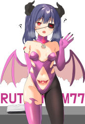 Rule 34 | 1girl, :o, ?, arm behind back, asymmetrical legwear, bare shoulders, black pantyhose, blush, bone necklace, breasts, clothing cutout, demon girl, demon horns, demon wings, detached collar, elbow gloves, eyepatch, fingernails, fishnet thighhighs, fishnets, gloves, gluteal fold, heart, heart-shaped pupils, heavy breathing, highres, horns, leotard, long fingernails, long hair, meettheton, mole, mole on thigh, navel, open mouth, original, pantyhose, pink gloves, pink thighhighs, pubic tattoo, purple hair, red eyes, side cutout, single thighhigh, small breasts, solo, stomach cutout, strapless, strapless leotard, sweat, symbol-shaped pupils, tattoo, thighhighs, twintails, waving, wings