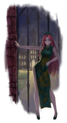 Rule 34 | 1girl, absurdres, alternate costume, backlighting, beret, blue eyes, braid, breasts, china dress, chinese clothes, contrapposto, dragon print, dress, fuuko chan, gate, grass, green footwear, hair over shoulder, hand on own hip, hat, high heels, highres, hong meiling, lips, long hair, long legs, looking at viewer, night, night sky, nose, red hair, scarlet devil mansion, shoes, side slit, sky, solo, standing, stone walkway, taut clothes, taut dress, touhou, very long hair