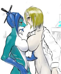 Rule 34 | 2girls, blonde hair, blue hair, breasts, glasses, hair stick, hand on own stomach, hylotl, large breasts, monster girl, multiple girls, open clothes, open shirt, saliva, saliva trail, shirt, simple background, starbound, white shirt, yuri