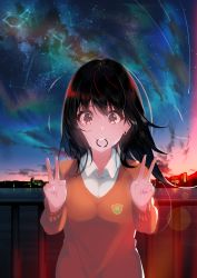 Rule 34 | 1girl, absurdres, aowltus209, aurora, bad id, bad twitter id, black hair, cardigan, cloud, constellation, double v, earrings, emblem, eyelashes, fingernails, grin, hair tie, heart, heart-shaped pupils, highres, in mouth, jewelry, lens flare, milky way, nail polish, ocean, original, pink nails, railing, school emblem, sky, skyline, smile, solo, star (sky), starry sky, stud earrings, sunset, symbol-shaped pupils, time lapse, town, twilight, v