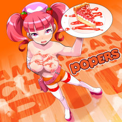 Rule 34 | 1girl, bag, bandages, belt, bemani, blush, boots, brand name imitation, breasts, cherry pie, cleavage, employee uniform, food, food on body, fruit, hair ornament, hand on own hip, handbag, heart, highres, hooters, large breasts, looking at viewer, milk (pop&#039;n music), nipples, open mouth, osamu yagi, pie, pink hair, plate, pop&#039;n music, red eyes, short hair, short shorts, shorts, smile, solo, strawberry, tank top, tears, thigh boots, thighhighs, topless, twintails, uniform