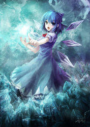 Rule 34 | 1girl, absurdres, bad id, bad pixiv id, blue eyes, blue hair, blue theme, bow, cirno, dress, hair bow, highres, ice, matching hair/eyes, open mouth, oto taku, outstretched arm, signature, solo, touhou, wings, yinzhai