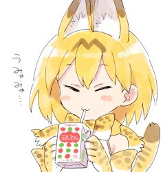 Rule 34 | ..., 10s, 1girl, :3, ^ ^, animal ears, animal print, bad id, bad twitter id, bare shoulders, blush stickers, bow, bowtie, clenched hands, closed eyes, drink, drinking, drinking straw, elbow gloves, extra ears, facing viewer, gloves, holding, kemono friends, milk, no nose, orange hair, print bow, print bowtie, print gloves, print neckwear, product placement, serval (kemono friends), serval print, serval tail, shinoasa, shirt, short hair, simple background, sketch, sleeveless, sleeveless shirt, smile, solo, sound effects, striped tail, tail, upper body, white background, white shirt, yakult