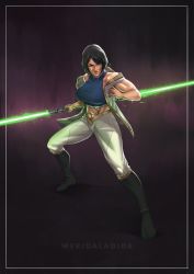 Rule 34 | 1girl, abs, artist name, black hair, bob cut, breasts, crop top, energy sword, english text, highres, holding, holding weapon, knights of the old republic, large breasts, lightsaber, looking at viewer, meridaladida, midriff, muscular, muscular female, sleeveless, sleeveless jacket, star wars, star wars: the old republic, sword, tattoo, weapon