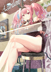 Rule 34 | 1girl, ass, azur lane, bare shoulders, between breasts, black hairband, breasts, bremerton (azur lane), bremerton (day-off date) (azur lane), brown dress, brown sweater, bubble tea, clothes lift, coat, unworn coat, copyright name, cup, disposable cup, dress, feet out of frame, flashing, from below, from outside, glass table, hairband, hand on own cheek, hand on own face, highres, jacket, kagura hiromu, large breasts, crossed legs, looking at viewer, looking down, manjuu (azur lane), multicolored hair, no panties, off-shoulder dress, off-shoulder sweater, off shoulder, official alternate costume, pink eyes, pink hair, reflection, sitting, smile, solo, star (symbol), star print, strap between breasts, streaked hair, sweater, sweater dress, sweater lift, table, teeth, two-tone hair, white jacket