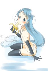 Rule 34 | 1girl, arm support, ass, banana, bikini, black gloves, black thighhighs, blue eyes, blue hair, collarbone, commentary request, eating, elbow gloves, flat chest, food, fruit, gloves, gradient hair, highres, kantai collection, long hair, looking at viewer, multicolored hair, one-hour drawing challenge, samidare (kancolle), side-tie bikini bottom, sitting, solo, swept bangs, swimsuit, taisinkoku, thighhighs, very long hair, white background, white bikini, yokozuwari