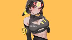 Rule 34 | 1girl, abs, black gloves, black hair, breasts, cleavage, closed mouth, clothes writing, creatures (company), drunkoak, elbow gloves, game freak, gen 2 pokemon, gloves, hand on own chest, highres, humanization, large breasts, looking at viewer, navel, nintendo, orange background, pokemon, red eyes, short hair, simple background, solo, umbreon