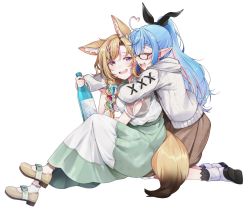 Rule 34 | 2girls, ;d, ahoge, animal ear fluff, animal ears, black hair, black ribbon, blonde hair, blue hair, blush, bottle, braid, brown skirt, cardigan, closed eyes, elf, facing another, fox ears, fox girl, fox tail, from side, full body, glasses, green skirt, hair ribbon, heart, heart-shaped pupils, heart ahoge, highres, holding, holding bottle, hololive, hug, hug from behind, long hair, long skirt, long sleeves, looking at viewer, medium skirt, mitsumine (ookami no oyashiro), multicolored hair, multiple girls, omaru polka, omaru polka (street casual), one eye closed, open cardigan, open clothes, open mouth, pink hair, pointy ears, ponytail, purple eyes, ribbon, shirt, shoes, simple background, skirt, smile, socks, streaked hair, symbol-shaped pupils, tail, teeth, upper teeth only, very long hair, virtual youtuber, white background, white cardigan, white shirt, yukihana lamy, yukihana lamy (casual)