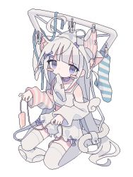 Rule 34 | 1girl, ahoge, animal ear fluff, animal ears, anime coloring, asymmetrical sleeves, bare shoulders, bloomers, blue ribbon, blue thighhighs, blush, blush stickers, bow, bow panties, bra, bra on head, cat ears, cat girl, cat tail, collar, crop top, daizu (melon-lemon), detached ahoge, detached sleeves, full body, hair ornament, hair ribbon, holding, long hair, long sleeves, looking at viewer, mismatched sleeves, mouth hold, object on head, original, panties, panties in mouth, pink panties, pink sleeves, pixel art, purple collar, purple eyes, purple ribbon, remote control vibrator, ribbon, sex toy, shirt, simple background, sitting, sleeveless, sleeveless shirt, sleeves past wrists, solo, spaghetti strap, stray hair, striped clothes, striped panties, striped sleeves, striped thighhighs, tail, thighhighs, underwear, unworn bra, unworn legwear, unworn panties, very long hair, vibrator, wariza, white background, white bloomers, white bra, white panties, white shirt, white sleeves, white thighhighs, x hair ornament