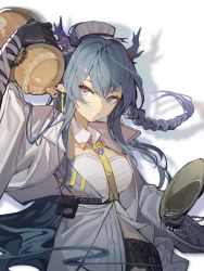 Rule 34 | 1girl, alcohol, arknights, arm up, black gloves, blue eyes, blue hair, braid, clay (clayjun), coat, cowboy shot, cup, dragon horns, earrings, elbow gloves, eyebrows hidden by hair, gloves, gourd, highres, holding, holding cup, horns, jewelry, ling (arknights), long hair, long sleeves, necktie, open clothes, open coat, parted lips, pointy ears, pouch, sakazuki, sake, shirt, side braid, smile, solo, underbust, very long hair, white coat, white shirt, wide sleeves, yellow necktie