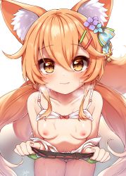 Rule 34 | !?, 1boy, 1girl, animal ear fluff, animal ears, bell, black skirt, blush, bra, breasts, breasts out, brown eyes, closed mouth, clothes lift, collarbone, fang, flower, fox ears, fox girl, fox tail, hair bell, hair between eyes, hair flower, hair ornament, hairclip, heart, highres, korin (shironeko project), long hair, looking at viewer, nipples, off shoulder, orange hair, panties, pleated skirt, shironeko project, shirt, signature, skirt, skirt lift, slit pupils, small breasts, sweat, sweatdrop, tail, underwear, white bra, white panties, white shirt, yufukiri