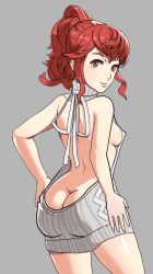 Rule 34 | 1girl, anna (fire emblem), ass, back, backless dress, backless outfit, bare back, bare shoulders, breasts, butt crack, cowboy shot, dress, female focus, fire emblem, fire emblem fates, from behind, grey background, grey dress, hands on own hips, looking at viewer, matching hair/eyes, meme attire, naked sweater, nintendo, no bra, no panties, ponytail, red eyes, red hair, ribbed sweater, sideboob, simple background, smile, solo, sunbeam (artist), sweater, sweater dress, turtleneck, turtleneck sweater, virgin killer sweater
