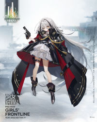 Rule 34 | 1girl, artist request, black cloak, black dress, black gloves, boots, breasts, brown footwear, character name, chiappa firearms, chiappa rhino, chinese text, cloak, closed mouth, commentary request, copyright name, dress, expressionless, full body, girls&#039; frontline, gloves, gun, hand on own hip, handgun, highres, holding, holding gun, holding weapon, holstered, legs, long hair, looking at viewer, low bore axis revolver, multicolored hair, official art, promotional art, revolver, rhino (girls&#039; frontline), silver hair, simple background, single glove, small breasts, solo, standing, very long hair, weapon, yellow eyes