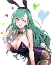 Rule 34 | 1girl, ;d, animal ears, bare shoulders, bent over, black hairband, blush, bow, bowtie, breasts, brown pantyhose, detached collar, ear piercing, earrings, fake animal ears, fake tail, green bow, green bowtie, green hair, hair behind ear, hairband, heart, highleg, highleg leotard, highres, index finger raised, jewelry, keikesu, large breasts, leotard, long hair, looking at viewer, mole, mole on breast, one eye closed, open mouth, pantyhose, piercing, playboy bunny, purple eyes, purple leotard, rabbit ears, rabbit tail, simple background, smile, solo, strapless, strapless leotard, swept bangs, tail, traditional bowtie, transparent background, very long hair, virtual youtuber, vspo!, wrist cuffs, yakumo beni