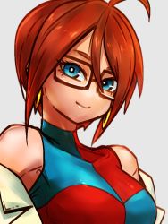 Rule 34 | 1girl, ahoge, alternate hair length, alternate hairstyle, android 21, bare shoulders, black-framed eyewear, blue eyes, breasts, brown hair, checkered clothes, checkered dress, closed mouth, coat, collarbone, commentary request, dragon ball, dragon ball fighterz, dress, earrings, glasses, grey background, hoop earrings, jewelry, kemachiku, lab coat, looking at viewer, medium breasts, off shoulder, short hair, sleeveless, sleeveless dress, smile, solo, two-tone dress, white coat