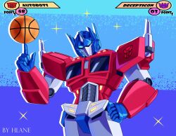 Rule 34 | artist name, autobot, ball, basketball (object), commentary, cowboy shot, english commentary, glowing, glowing eyes, hand on own hip, highres, hlane, looking at viewer, mecha, mecha focus, no humans, optimus prime, robot, science fiction, solo, sparkle, transformers, transformers: generation 1