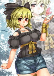 Rule 34 | 1girl, alternate costume, bare shoulders, blonde hair, blush, bow, breasts, character name, clenched hand, collarbone, cowboy shot, denim, denim shorts, english text, frills, hair bow, halftone, hand up, heart, high ponytail, kurodani yamame, looking at viewer, open mouth, ponytail, puffy short sleeves, puffy sleeves, red eyes, ribbon, shirt, short hair, short ponytail, short sleeves, shorts, signature, solo, touhou, umigarasu (kitsune1963), wrist ribbon, zoom layer