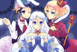 Rule 34 | 3girls, animal ears, blonde hair, blue eyes, blue hair, crown, cup, elbow gloves, facial tattoo, gloves, hair ribbon, heart, long hair, multiple girls, one eye closed, open mouth, original, own hands clasped, own hands together, pochi (pochi-goya), purple eyes, rabbit ears, ribbon, scepter, short hair, star (symbol), symbol-shaped pupils, tattoo, vest, white hair, wink