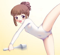 Rule 34 | 1girl, :d, blunt bangs, blush, breasts, brown hair, cameltoe, crotch, flat chest, gradient background, gymnastics, hair bun, leg up, leotard, long sleeves, looking at viewer, motion blur, nipples, open mouth, rhythmic gymnastics, see-through, short hair, single hair bun, smile, solo, sparkle, spread legs, standing, standing on one leg, thighs, yellow eyes