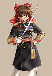 Rule 34 | 1girl, absurdres, alternate costume, commentary request, gloves, hakurei reimu, highres, imperial japanese army, japanese clothes, longmei er de tuzi, medal, military, military uniform, retro artstyle, saber (weapon), solo, sword, touhou, uniform, weapon