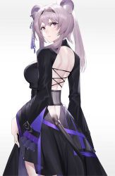 Rule 34 | 1girl, absurdres, animal ears, arknights, backless dress, backless outfit, black dress, black hairband, breasts, cleavage, dress, earrings, frilled sleeves, frills, grey background, grey eyes, grey hair, hairband, highres, jewelry, large breasts, lin (arknights), looking at viewer, ponytail, raitho, solo, tail, tassel, tassel earrings, v-shaped eyebrows