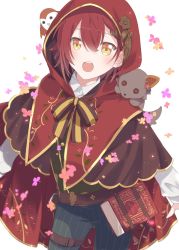 Rule 34 | 1boy, animal, animal on shoulder, belt, bird, blue pants, book, book holster, bow, brown belt, cloak, collared shirt, contrapposto, cowboy shot, flower (symbol), green vest, hair between eyes, hair ornament, hairclip, hanasaki miyabi, highres, holostars, hood, hood up, hooded cloak, kyomu suzume, looking at viewer, loveyuzu, male focus, official alternate costume, open mouth, pants, red cloak, red hair, shirt, simple background, solo, striped clothes, striped pants, stuffed wolf, teeth, thigh strap, upper teeth only, vertical-striped clothes, vertical-striped pants, vest, virtual youtuber, white background, white shirt, yellow eyes
