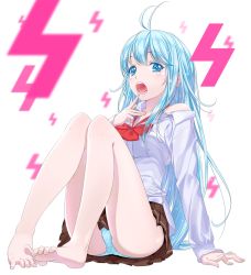 Rule 34 | 10s, 1girl, ahoge, ama mitsuki, antenna hair, arm support, ass, barefoot, blue eyes, blue hair, blue panties, blush, denpa onna to seishun otoko, feet, finger to mouth, legs, legs up, long hair, looking at viewer, matching hair/eyes, off shoulder, open mouth, panties, pantyshot, polka dot, polka dot panties, ribbon, sitting, skirt, soles, solo, spread toes, toes, tongue, touwa erio, underwear, upskirt