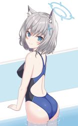 Rule 34 | 1girl, animal ear fluff, animal ears, ass, blue archive, blue eyes, competition swimsuit, cross hair ornament, from behind, grey hair, hair ornament, halo, mun (gunma), one-piece swimsuit, poolside, shiroko (blue archive), short hair, soaking feet, solo, swimsuit, wading, water