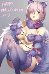Rule 34 | 1girl, :o, animal ears, breasts, cleavage, elbow gloves, eyes visible through hair, fate/grand order, fate (series), fur trim, gloves, gradient background, grey background, hair over one eye, halloween, highres, kemonomimi mode, lace trim, looking at viewer, mash kyrielight, mash kyrielight (dangerous beast), medium breasts, navel, o-ring, o-ring top, official alternate costume, open mouth, purple eyes, purple gloves, purple hair, purple thighhighs, revealing clothes, short hair, sitting, sola (solo0730), solo, tail, thighhighs, wolf ears, wolf tail