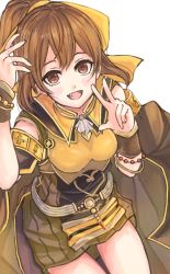 Rule 34 | 1girl, :d, bow, breasts, brown cape, brown dress, brown eyes, brown hair, cape, delthea (fire emblem), dress, fang, fire emblem, fire emblem echoes: shadows of valentia, fuussu (21-kazin), hair between eyes, hair bow, long hair, looking at viewer, nintendo, open mouth, ponytail, short dress, simple background, sleeveless, sleeveless dress, small breasts, smile, solo, w, white background, yellow bow