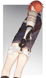 Rule 34 | 10s, 1boy, armor, black socks, claws, comaco, from behind, garter belt, gradient background, holster, japanese armor, kneehighs, male focus, military, military uniform, personification, red hair, shinano toushirou, short shorts, shorts, simple background, socks, solo, thigh holster, touken ranbu, uniform, vambraces