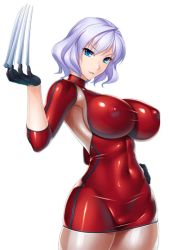 Rule 34 | 00s, 1girl, armpits, blue eyes, breasts, claws, covered erect nipples, covered navel, curvy, female focus, gloves, hand on own hip, large breasts, lilith-soft, looking at viewer, no bra, rindou (radical dream), shiny clothes, short hair, silver hair, skin tight, smile, solo, sybil (taimanin asagi), taimanin (series), taimanin asagi, taimanin asagi kessen arena
