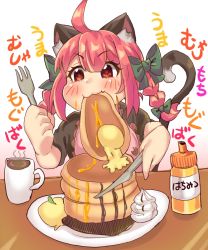 Rule 34 | 1girl, :3, ahoge, animal ears, bib, blush, bow, braid, butter, cat ears, coffee, cup, eating, fang, food, fork, hagezizii, holding, holding fork, holding knife, kaenbyou rin, knife, pancake, pancake stack, plate, red hair, skin fang, solo, table, touhou, translation request, twin braids