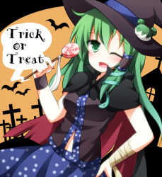 Rule 34 | 1girl, alternate color, bandages, bat (animal), blush, breasts, candy, cape, church, creta (taku10), cross, female focus, food, frog hair ornament, green eyes, green hair, hair ornament, hair tubes, halloween, hat, kochiya sanae, lollipop, long hair, matching hair/eyes, medium breasts, one eye closed, open mouth, skirt, sleeveless, smile, snake hair ornament, solo, text focus, touhou, trick or treat, wink, witch, witch hat
