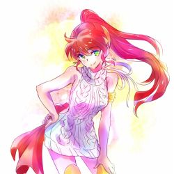 Rule 34 | 1girl, aran sweater, backless dress, backless outfit, cable knit, commentary, cowboy shot, dress, green eyes, halterneck, hand on own hip, iesupa, meme attire, ponytail, pyrrha nikos, red hair, ribbed sweater, rwby, sash, sleeveless, sleeveless dress, smile, solo, sweater, sweater dress, thighs, tiara, turtleneck, turtleneck sweater, virgin killer sweater