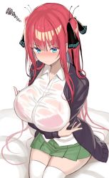 Rule 34 | 1girl, absurdres, arms under breasts, bed sheet, black cardigan, blue eyes, blunt bangs, blush, bra, bra visible through clothes, breasts, butterfly hair ornament, cardigan, closed mouth, go-toubun no hanayome, greatmosu, green skirt, hair ornament, highres, large breasts, long hair, long sleeves, nakano nino, nose blush, pleated skirt, red hair, see-through, shirt, simple background, sitting, skirt, solo, squiggle, thighhighs, underwear, wet, wet clothes, wet shirt, white background, white thighhighs