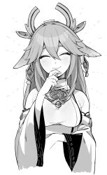 Rule 34 | 1girl, absurdres, animal ears, blush, breasts, commentary, cropped torso, detached sleeves, earrings, fox ears, fox girl, genshin impact, greyscale, hair between eyes, hand to own mouth, highres, japanese clothes, jewelry, long hair, medium breasts, miko, monochrome, moyori, ribbon-trimmed sleeves, ribbon trim, smile, solo, symbol-only commentary, upper body, very long hair, yae miko