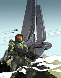 Rule 34 | 1boy, absurdres, armor, assault rifle, bullpup, gun, halo (series), halo infinite, highres, holding, holding gun, holding weapon, male focus, master chief, military, military vehicle, motor vehicle, pelican (halo), power armor, rifle, science, signature, smoke, tank, tower, tree, trigger discipline, visor, weapon