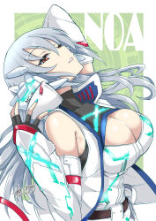 Rule 34 | 1girl, aoi manabu, arm behind head, bare shoulders, belt, black gloves, blue nails, border, breasts, brown belt, brown eyes, character name, cleavage cutout, clothing cutout, commission, dated, detached sleeves, fingerless gloves, floating hair, from side, gloves, green background, grey hair, hand up, headgear, idolmaster, idolmaster cinderella girls, idolmaster cinderella girls starlight stage, jacket, large breasts, long hair, looking at another, nail polish, open clothes, open jacket, outside border, parted lips, signature, skeb commission, sleeveless, sleeveless jacket, smile, solo, takamine noa, two-tone shirt, upper body, white border, white jacket, white sleeves