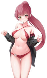 Rule 34 | 1girl, absurdres, bare shoulders, bikini, black jacket, blush, breasts, collarbone, floating hair, hands up, heterochromia, highres, hololive, houshou marine, houshou marine (summer), jacket, large breasts, long hair, looking at viewer, navel, off shoulder, open mouth, ponytail, rable, red bikini, red eyes, red hair, simple background, skindentation, solo, stomach, sweatdrop, swimsuit, thigh gap, virtual youtuber, white background, yellow eyes