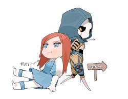 Rule 34 | 2girls, android, animification, apex legends, ash (titanfall 2), ashleigh reid, black sclera, blue dress, blue eyes, blue footwear, boots, chibi, colored sclera, dress, dual persona, hood, hood up, looking back, multiple girls, nagoooon 114, orange hair, pantyhose, pout, signpost, simulacrum (titanfall), translation request, v-shaped eyebrows, walking, white background, white legwear