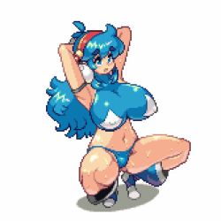 Rule 34 | 1girl, animated, animated gif, armor, armpits, arms behind head, assisted exposure, bikini, bikini armor, bikini bottom only, blinking, blue eyes, blue footwear, blue hair, blush, boots, bouncing breasts, breasts, cleavage, closed mouth, commentary request, covered erect nipples, cursor, erased, eraser, full body, hairband, huge breasts, impossible clothes, impossible shirt, large nipples, long hair, looking at viewer, midriff, navel, nipples, nude, one eye closed, open mouth, original, pixel art, pussy, shirt, sidelocks, simple background, solo, squatting, sweat, swimsuit, tecna (yumura kino), thick eyebrows, tight clothes, tight shirt, topless, ugoira, white background, yumura kino, yumurama